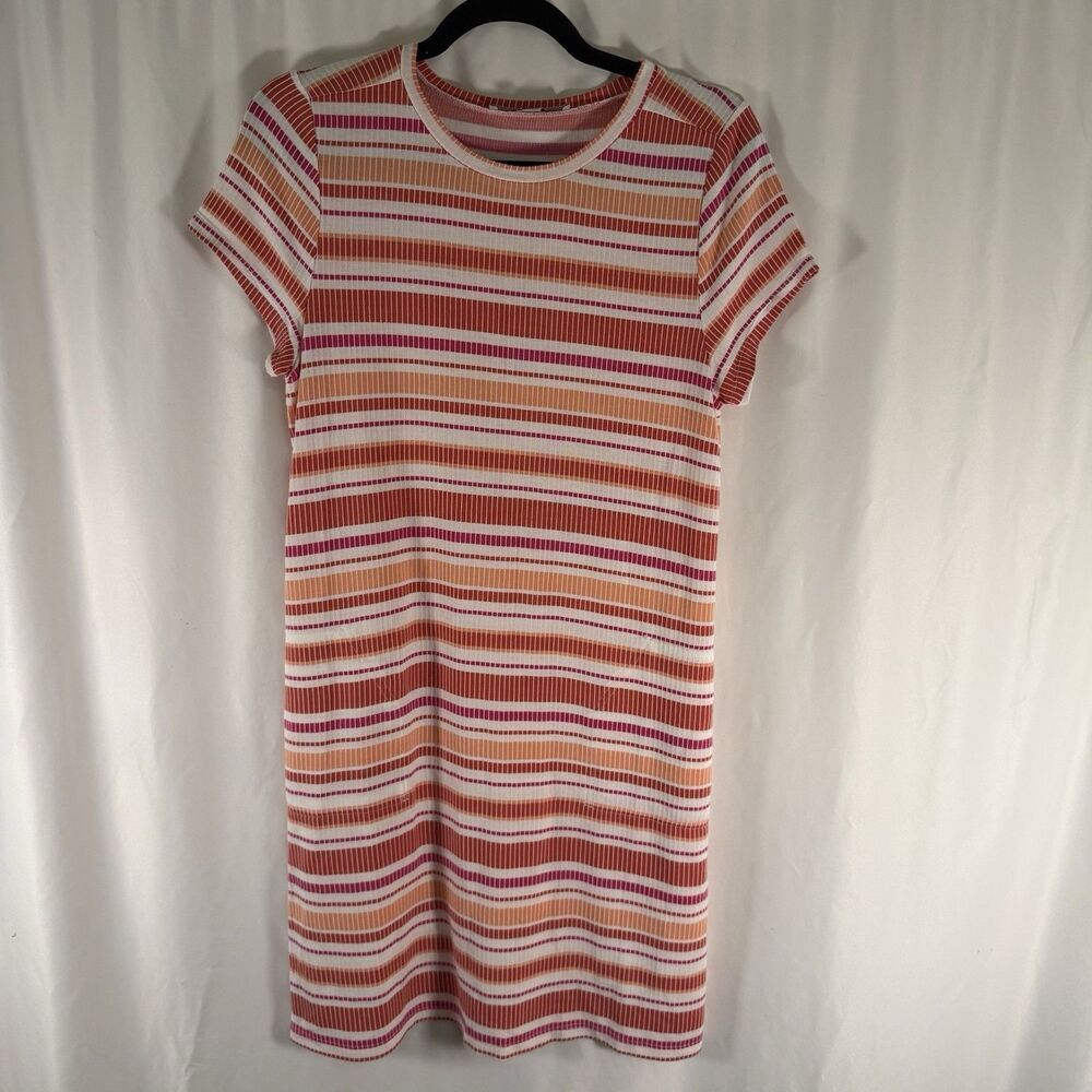 LOFT Dress Womens Small Purple Orange Geometric Short Sleeve Pockets Knee Length